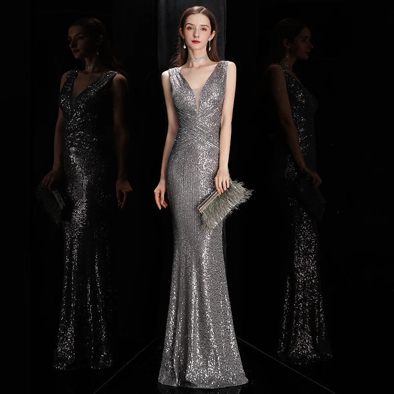 Elegant Sequin Mermaid Evening Gown – V-Neck Sleeveless Formal Dress for Prom & Special Occasions