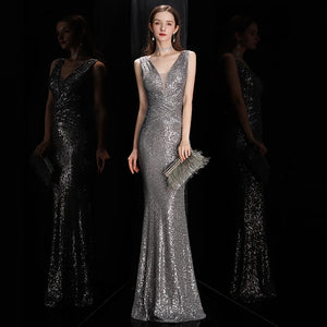 Elegant Sequin Mermaid Evening Gown – V-Neck Sleeveless Formal Dress for Prom & Special Occasions