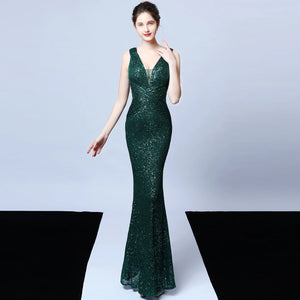 Elegant Sequin Mermaid Evening Gown – V-Neck Sleeveless Formal Dress for Prom & Special Occasions