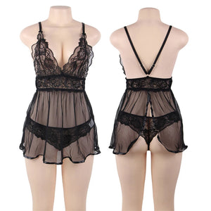 Sexy Breathable See Through Plus Size Lace Backless Lingerie Set