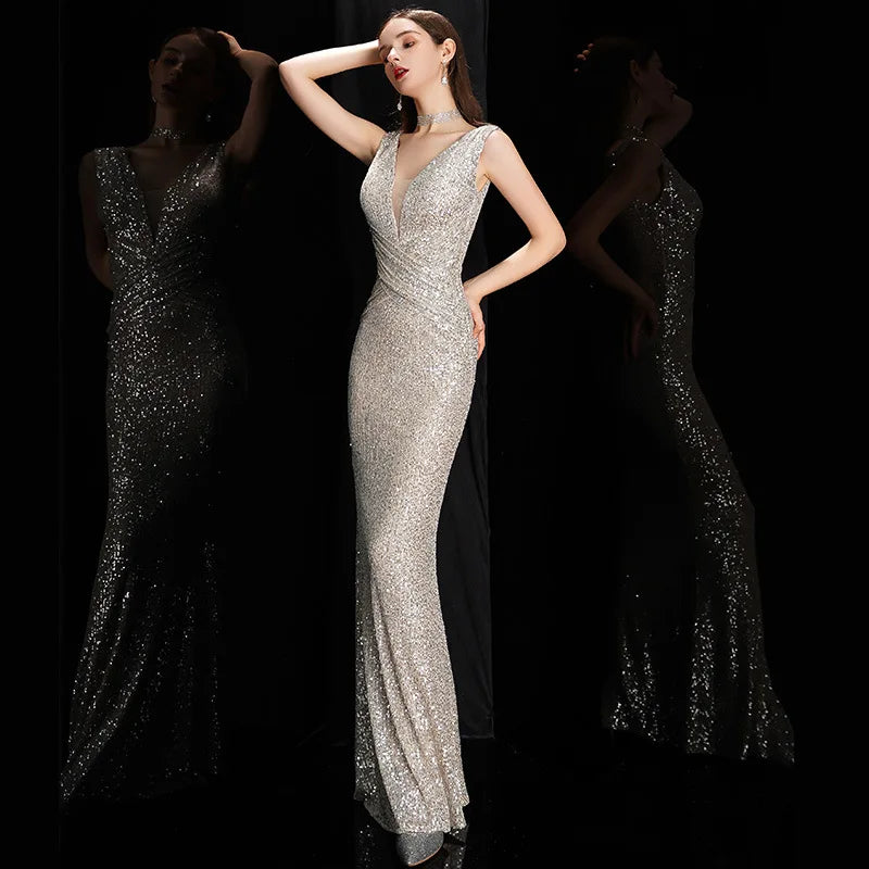 Elegant Sequin Mermaid Evening Gown – V-Neck Sleeveless Formal Dress for Prom & Special Occasions