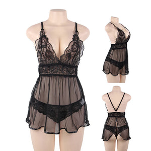 Sexy Breathable See Through Plus Size Lace Backless Lingerie Set