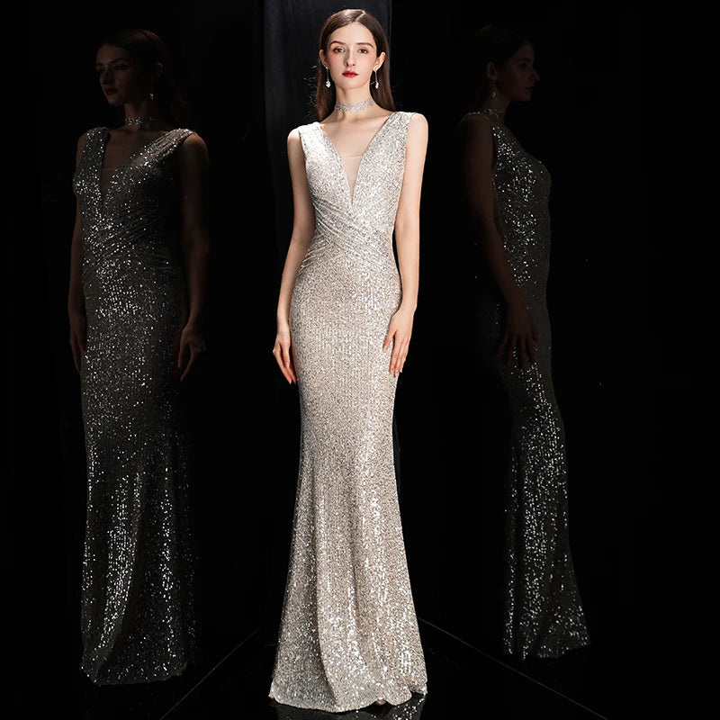 Elegant Sequin Mermaid Evening Gown – V-Neck Sleeveless Formal Dress for Prom & Special Occasions
