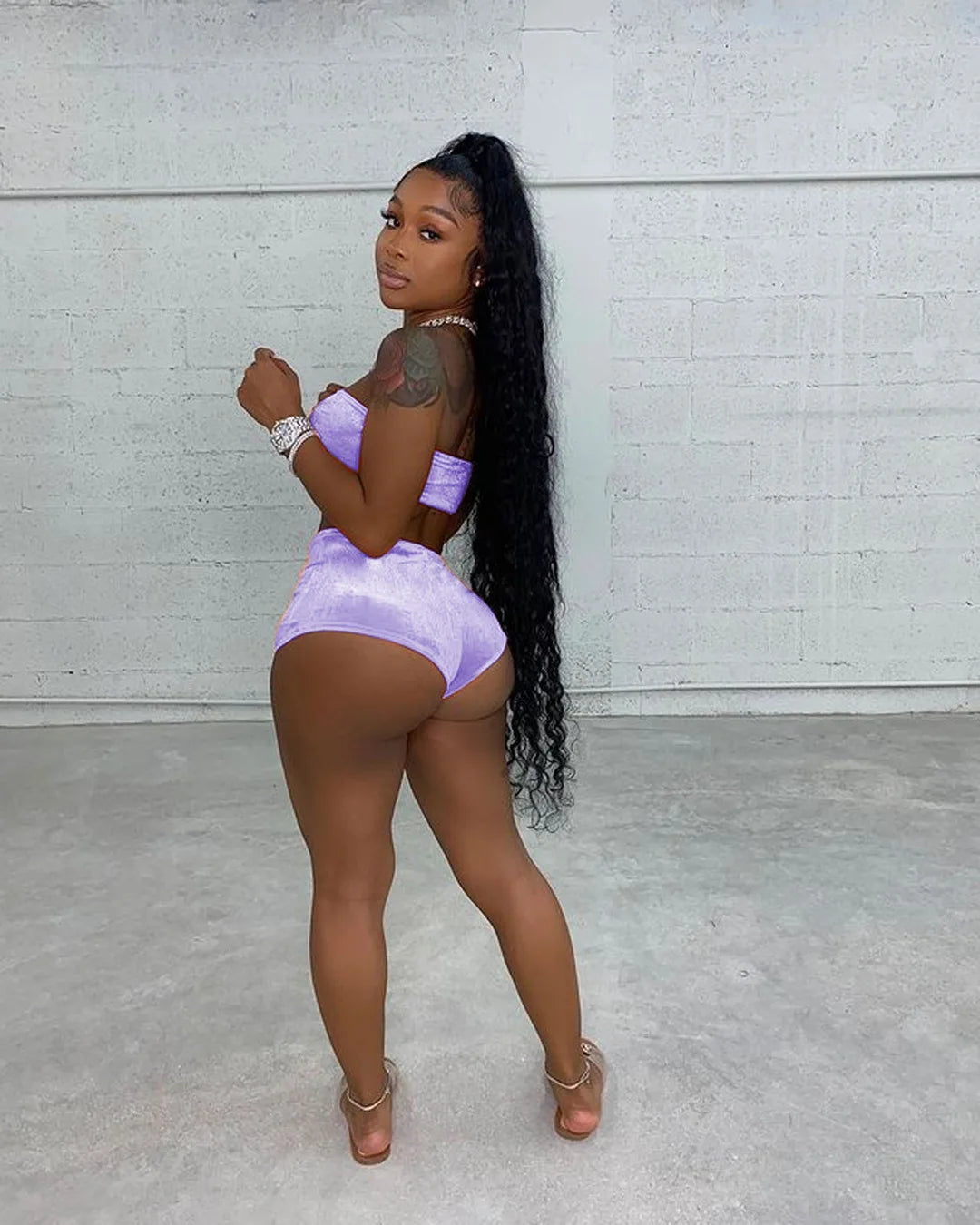 Sexy Velvet Two-Piece Short Set – Strapless Crop Top & High-Waist Shorts Lounge Outfit