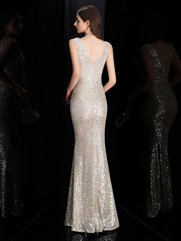 Elegant Sequin Mermaid Evening Gown – V-Neck Sleeveless Formal Dress for Prom & Special Occasions