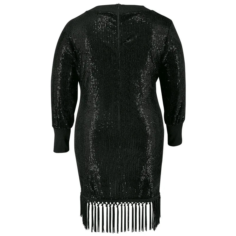 Plus Size Elegant Sequin Long Sleeve Tassel Dress