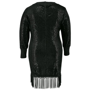 Plus Size Elegant Sequin Long Sleeve Tassel Dress