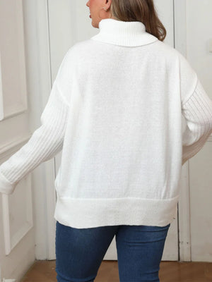 Elegant Plus Size Drop Shoulder Button White Knitted Turtleneck Sweater