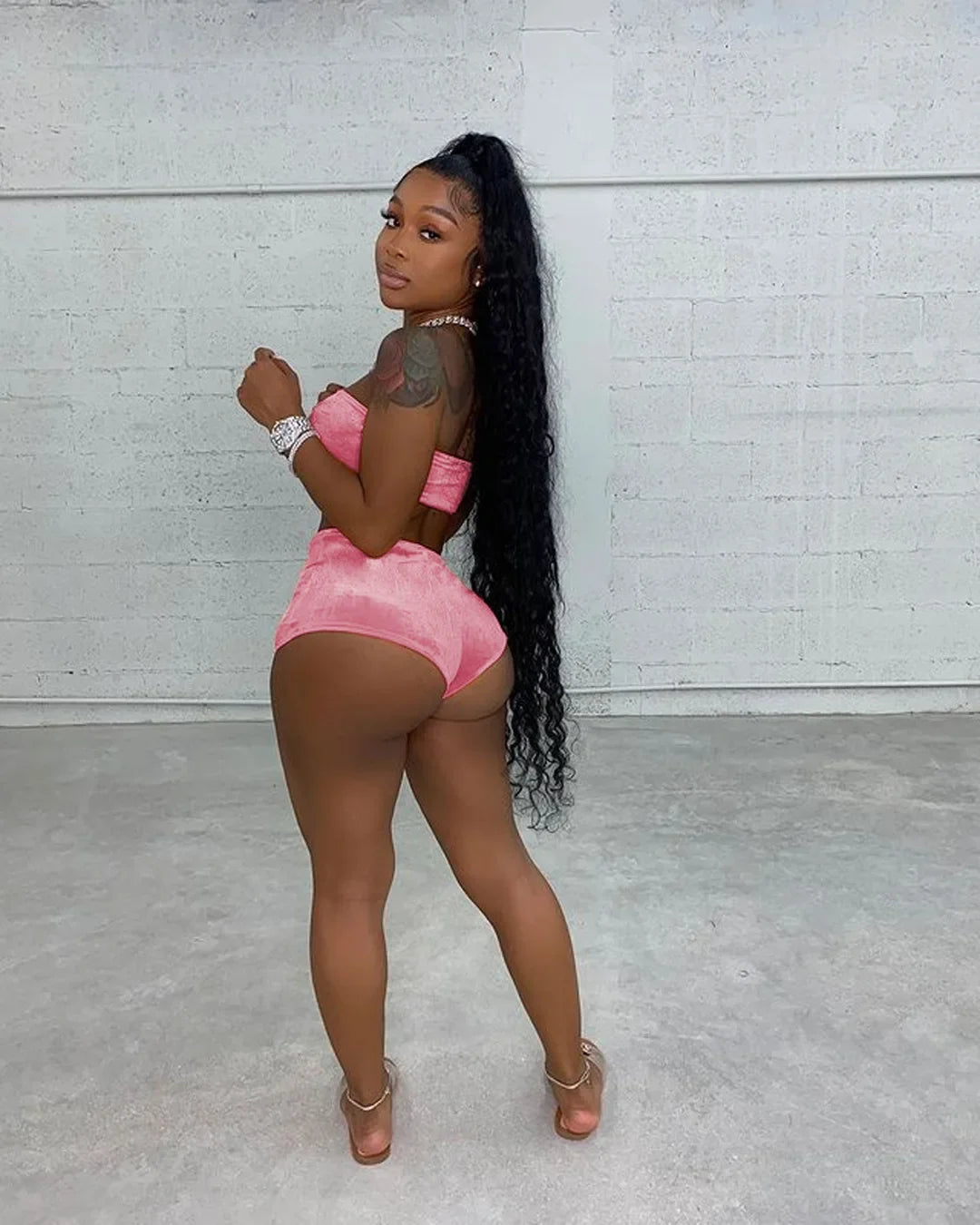 Sexy Velvet Two-Piece Short Set – Strapless Crop Top & High-Waist Shorts Lounge Outfit