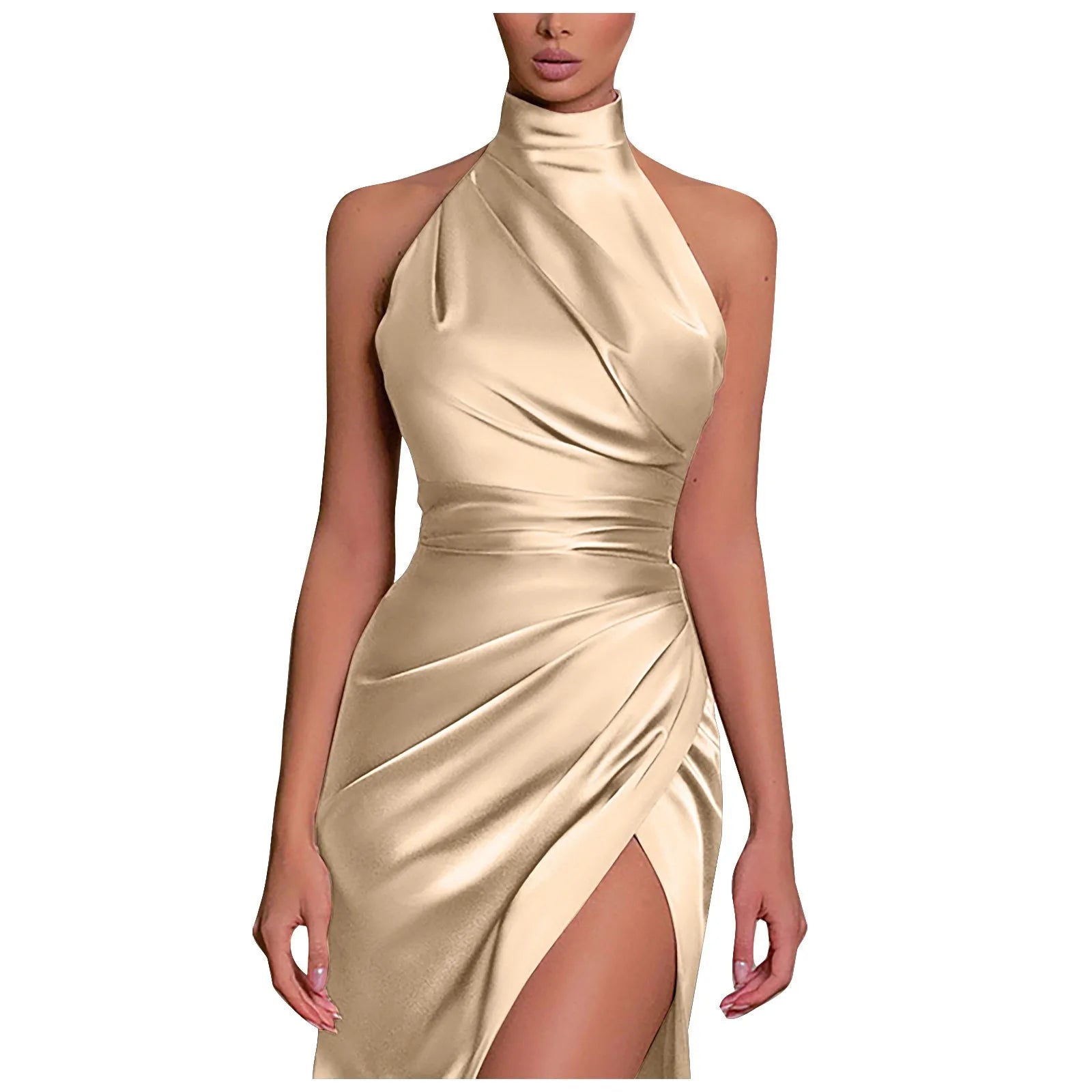 Sophisticated Slit Prom Dress – Pure Color Pleated Evening Gown for Special Occasions