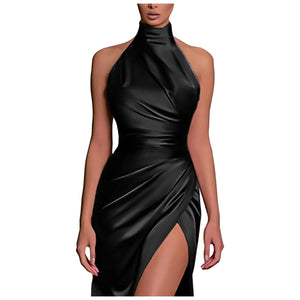 Sophisticated Slit Prom Dress – Pure Color Pleated Evening Gown for Special Occasions