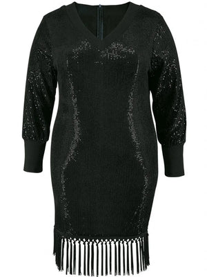 Plus Size Elegant Sequin Long Sleeve Tassel Dress