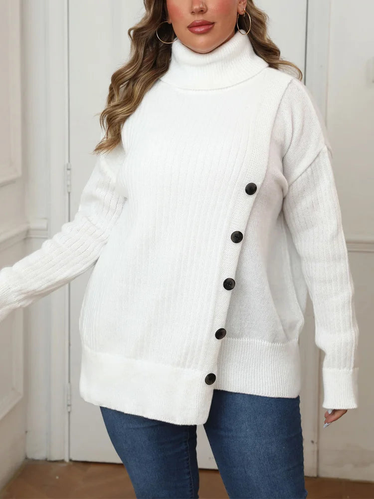 Elegant Plus Size Drop Shoulder Button White Knitted Turtleneck Sweater