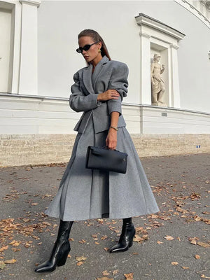 Elegant Loose Long Sleeve Coat + Pleated Long Skirt Wool Set