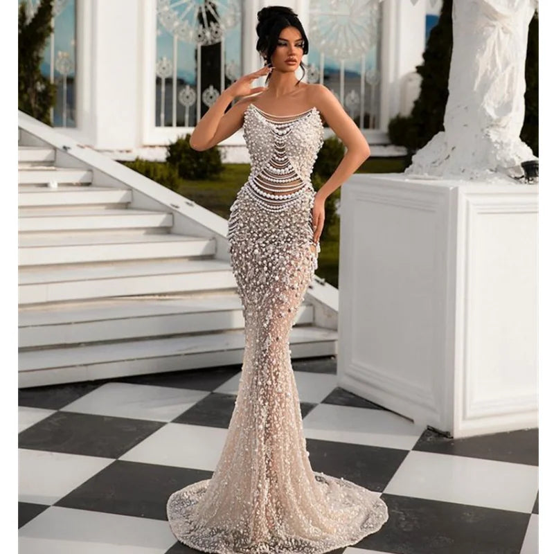 Luxury White Sequin Pearl Strap Evening Gown – Elegant Sheer Floor-Length Dress