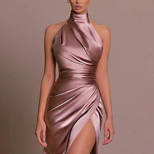 Sophisticated Slit Prom Dress – Pure Color Pleated Evening Gown for Special Occasions