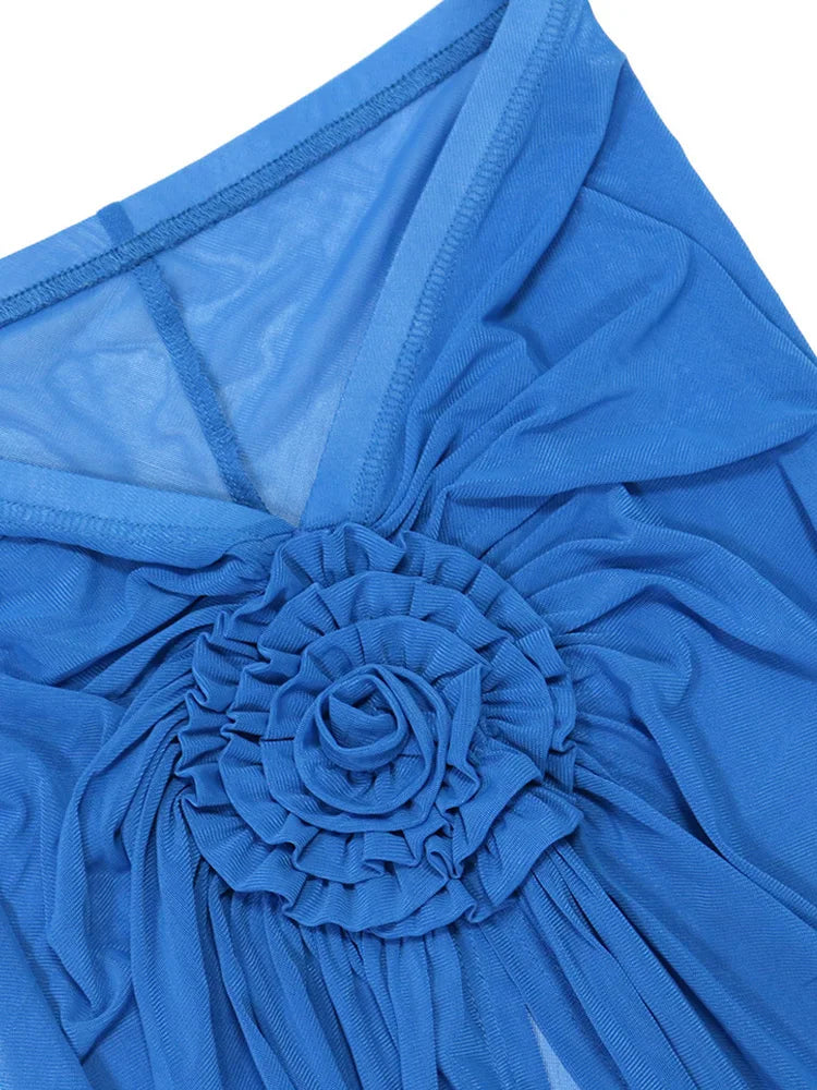 3-Piece Sheer Mesh Flower Skirt Set – Halter Crop Top & Floor-Length Cover-Up | Sexy Club Outfit