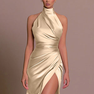 Sophisticated Slit Prom Dress – Pure Color Pleated Evening Gown for Special Occasions