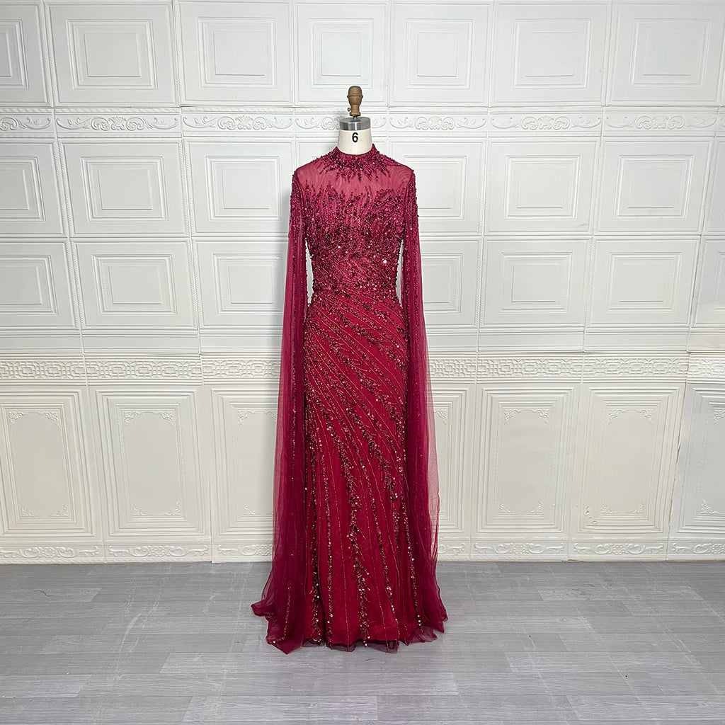 Luxury Beaded Mermaid Gown with Cape Sleeves – High-Neck Dubai-Inspired Evening Dress