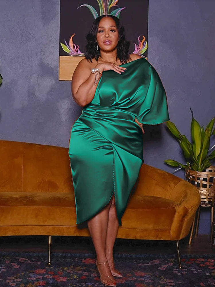 Curvy One-Shoulder Satin Dress – Elegant Plus Size Gown for Special Occasions