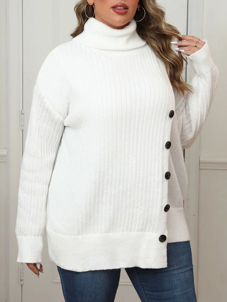 Elegant Plus Size Drop Shoulder Button White Knitted Turtleneck Sweater