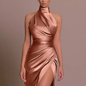 Sophisticated Slit Prom Dress – Pure Color Pleated Evening Gown for Special Occasions