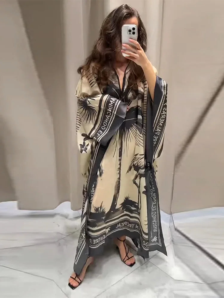 Elegant Patchwork Maxi Dress – Loose Fit O-Neck Full Sleeve Robe Gown