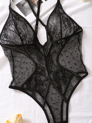 Sexy Lace Splicing Polka Dot Mesh See-Through Lingerie