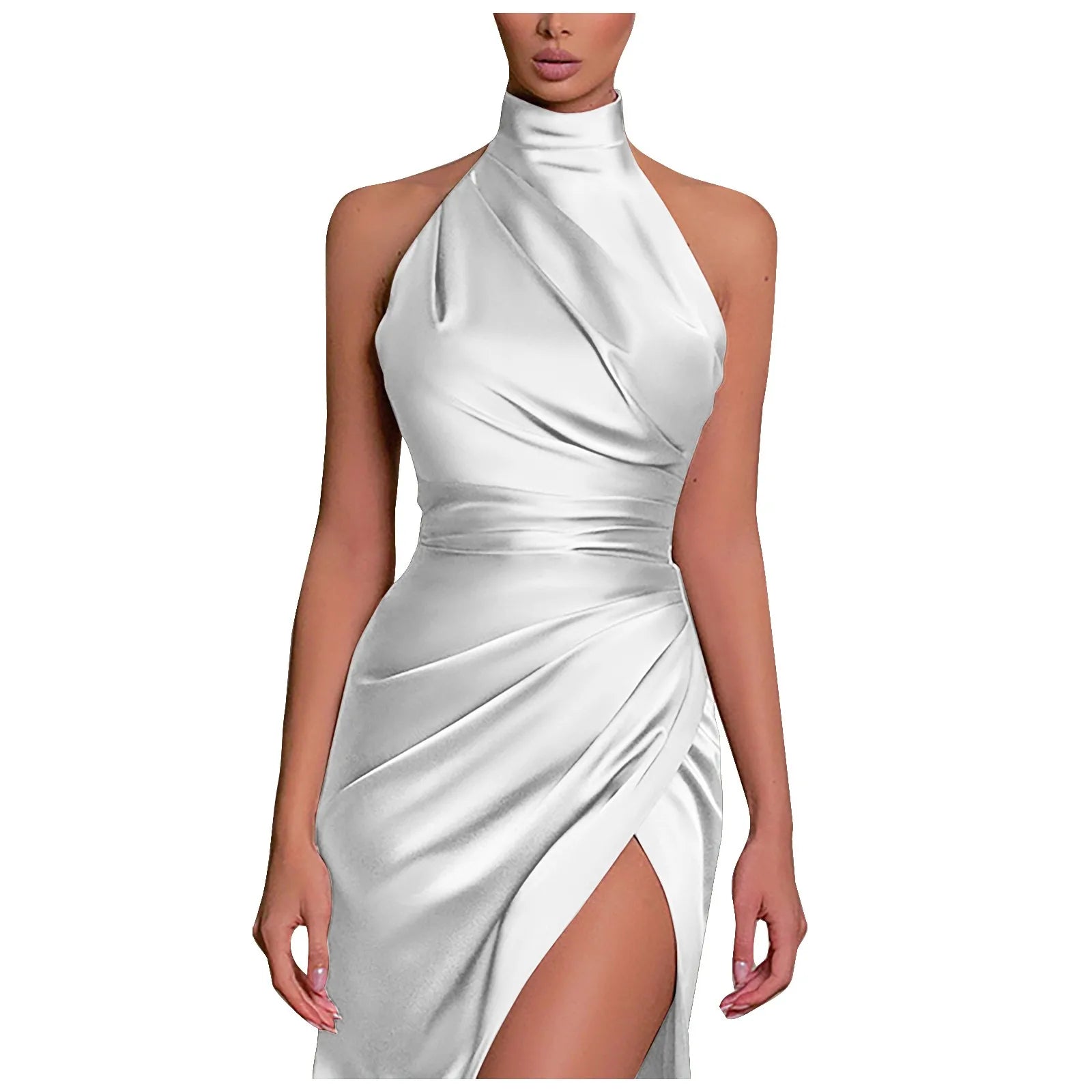 Sophisticated Slit Prom Dress – Pure Color Pleated Evening Gown for Special Occasions