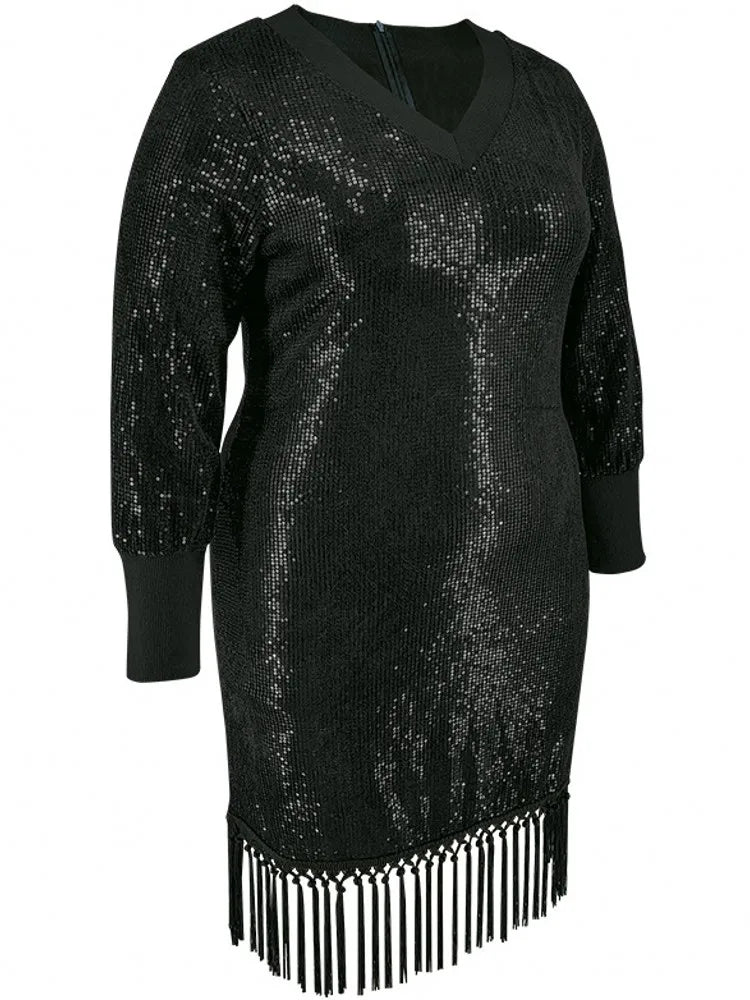 Plus Size Elegant Sequin Long Sleeve Tassel Dress