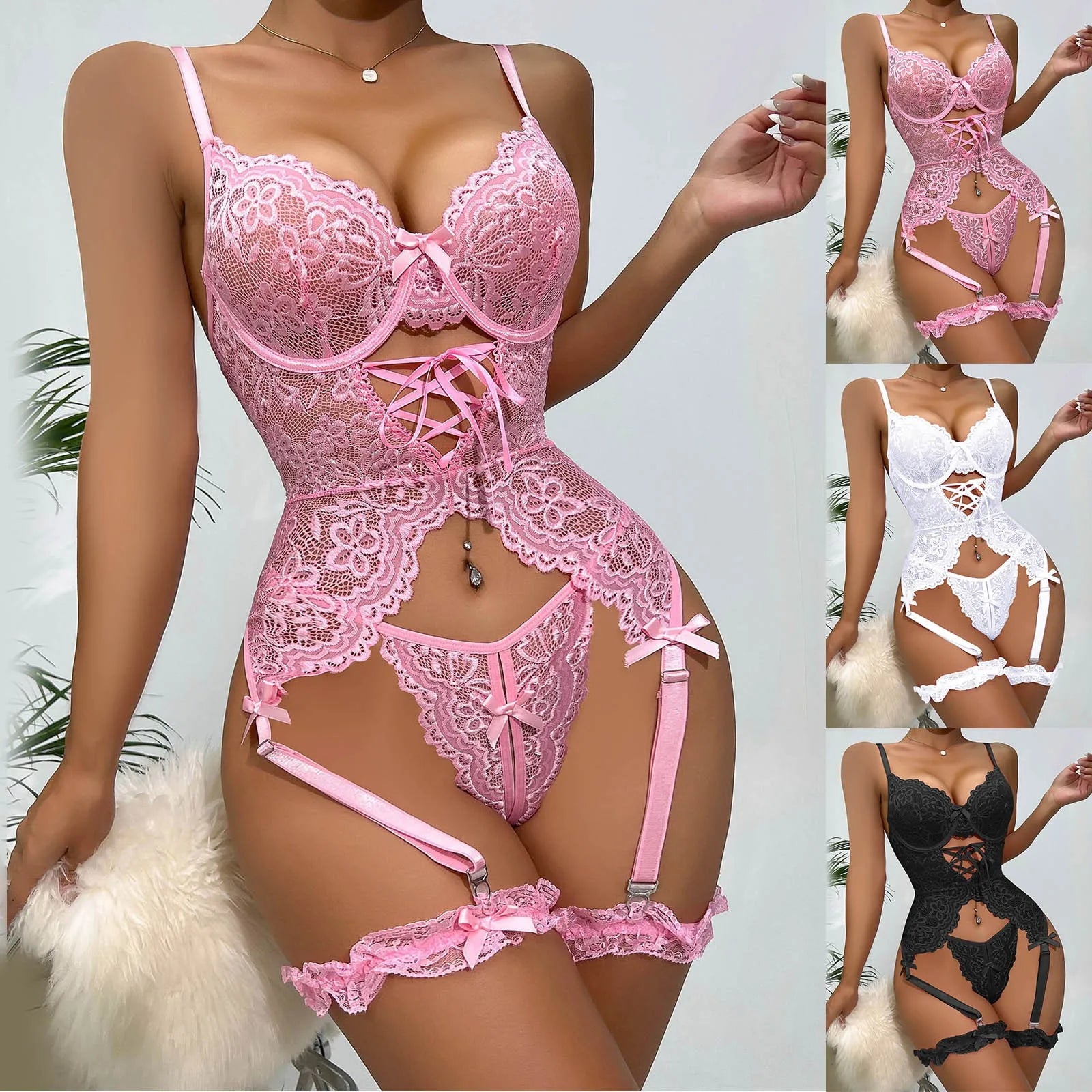 Curvy Girl Lace Lingerie Set – Plus Size Bra, Garter & Thong for Boudoir Nights