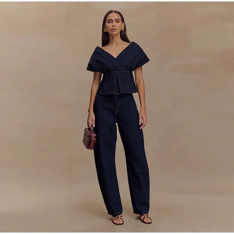 Modern Denim 2-Piece Set – Bandage V-Neck Top & Straight High-Rise Jeans
