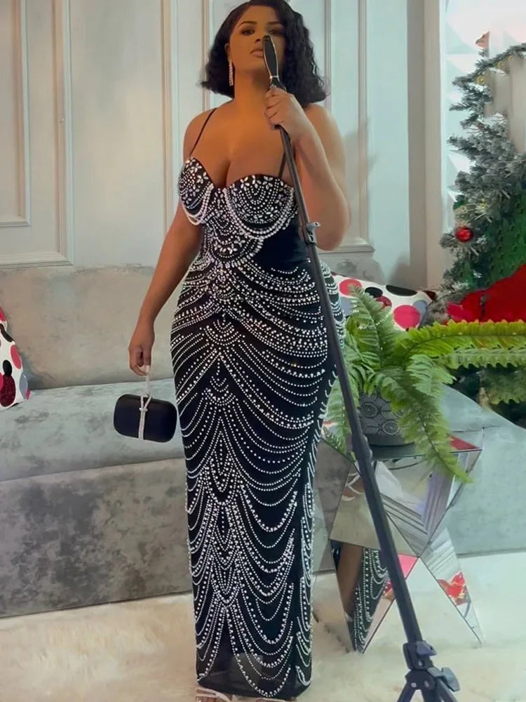 Luxury Gold Beaded Floor-Length Gown – Sparkle Rhinestone & Crystal Party Dress