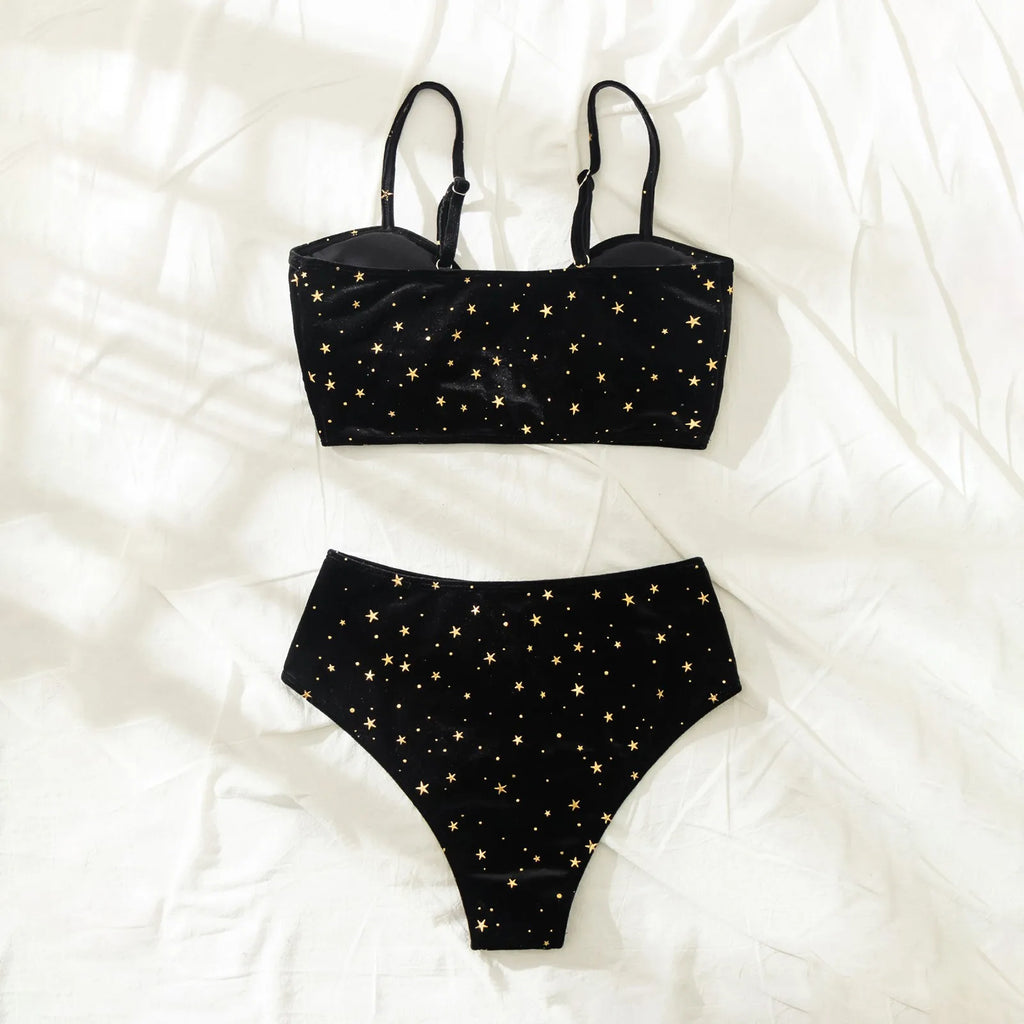Velvet Plant-Print Bikini Set – Sexy Two-Piece Swimsuit with Underwire Support