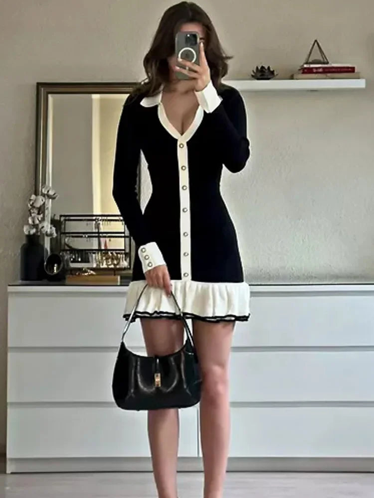 Elegant Ruffled Bow Knit Mini Backless Dress