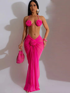 3-Piece Sheer Mesh Flower Skirt Set – Halter Crop Top & Floor-Length Cover-Up | Sexy Club Outfit