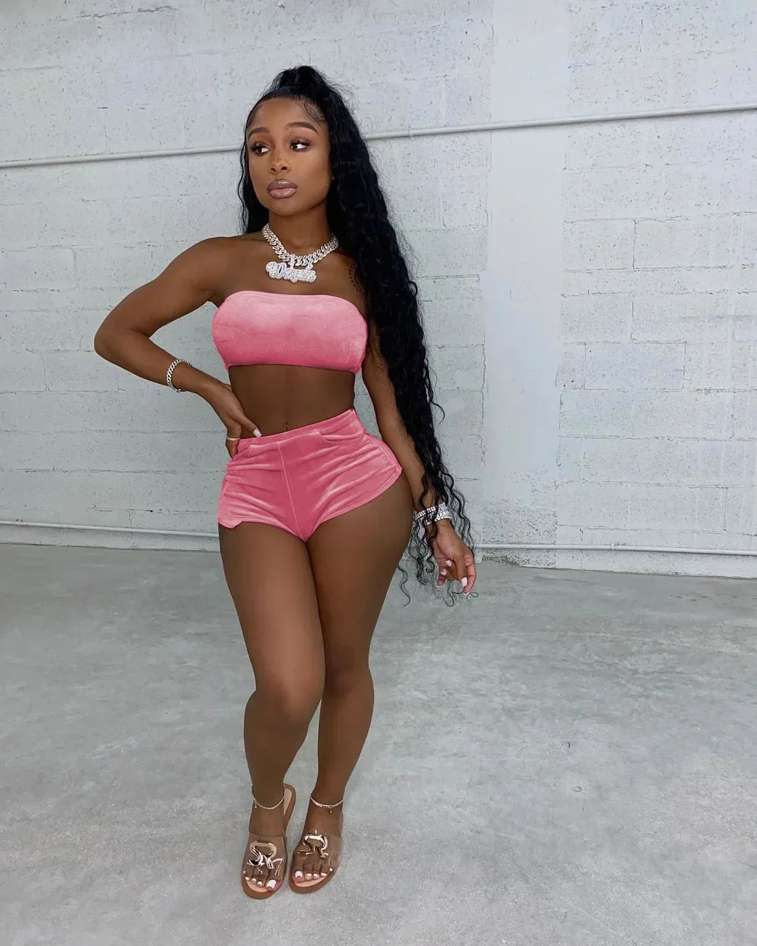 Sexy Velvet Two-Piece Short Set – Strapless Crop Top & High-Waist Shorts Lounge Outfit