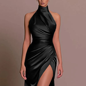 Sophisticated Slit Prom Dress – Pure Color Pleated Evening Gown for Special Occasions
