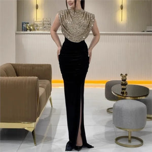 Elegant Sleeveless Draped High Waist Split Long Dress