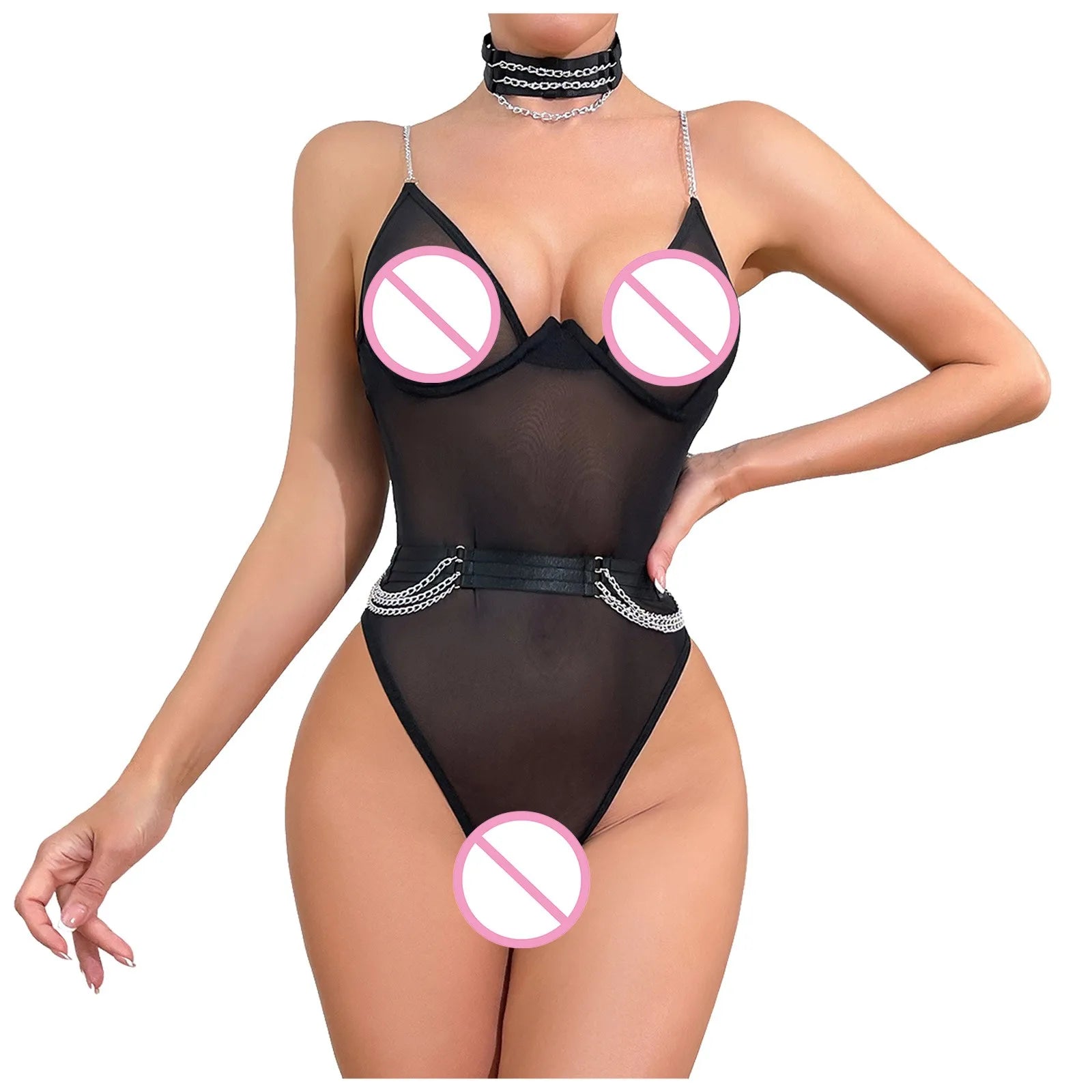 Curvy Sheer Mesh Chain Lingerie – 2-Piece Erotic Set for Bedroom Seduction