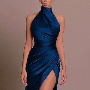 Sophisticated Slit Prom Dress – Pure Color Pleated Evening Gown for Special Occasions