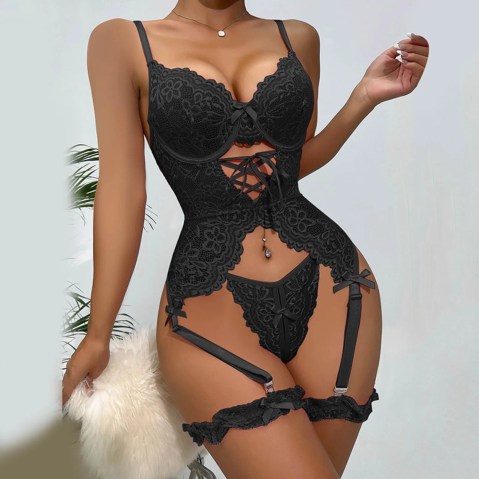 Curvy Girl Lace Lingerie Set – Plus Size Bra, Garter & Thong for Boudoir Nights