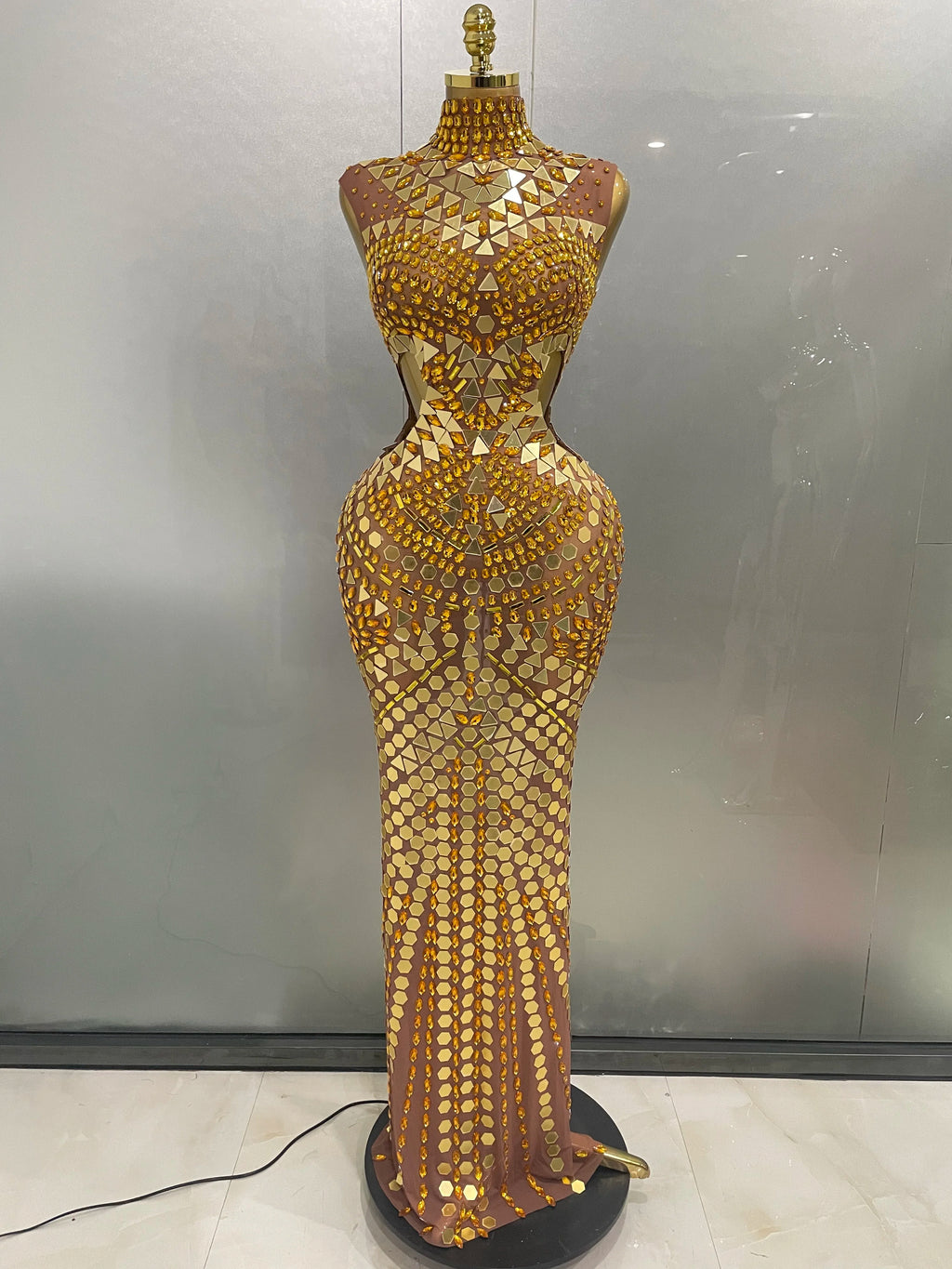 Luxury Rhinestone Mirror Gown – Hollowed-Out Sheath Catwalk Dress with Turtleneck
