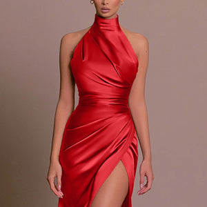 Sophisticated Slit Prom Dress – Pure Color Pleated Evening Gown for Special Occasions