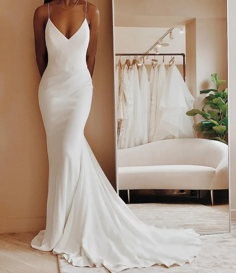 Custom Satin V-Neck Backless Wedding Dress – Spaghetti Straps, Pleated Mermaid Bridal Gown