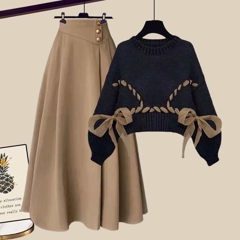 Wool French Knitted Sweater+High Waist A-line Skirts Set