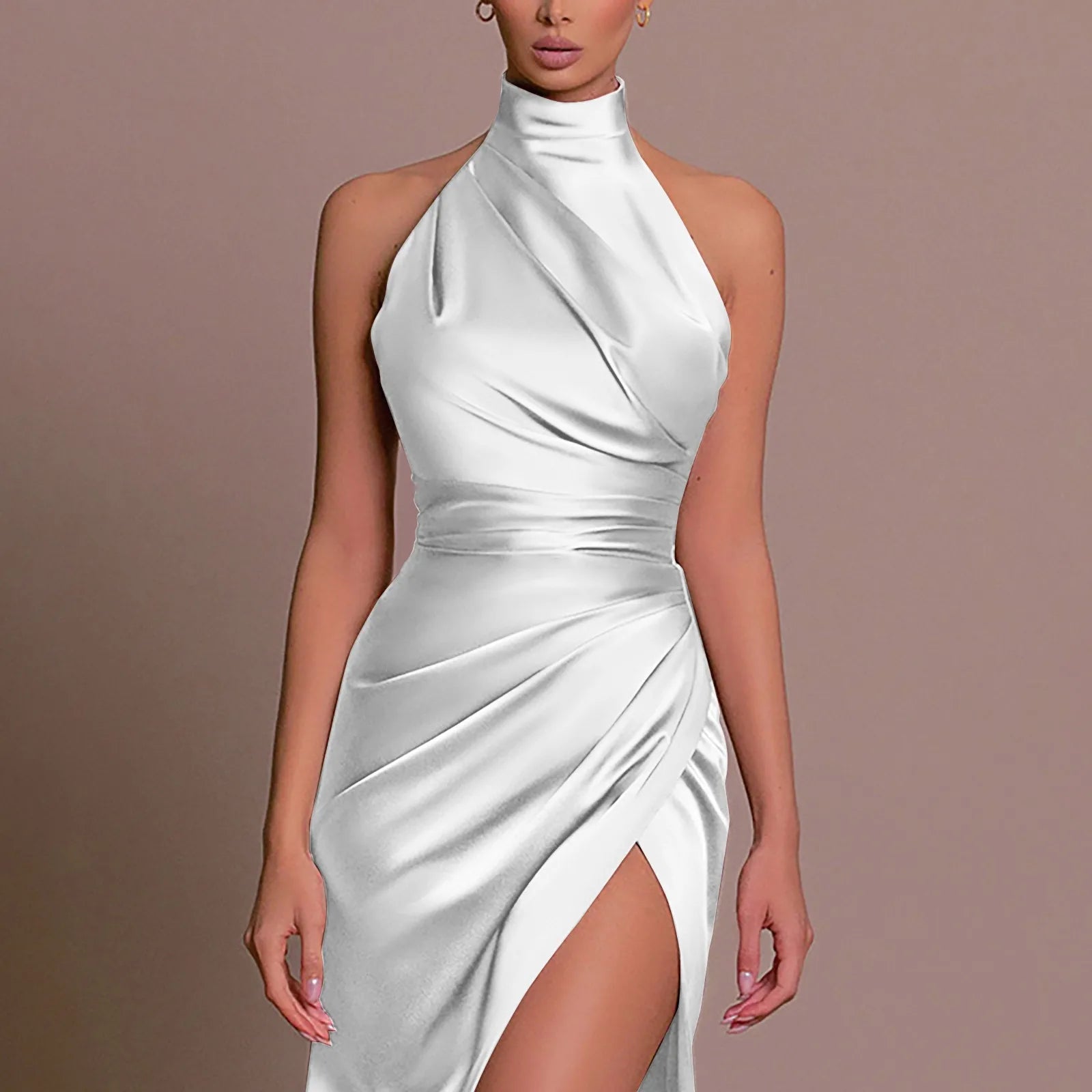 Sophisticated Slit Prom Dress – Pure Color Pleated Evening Gown for Special Occasions