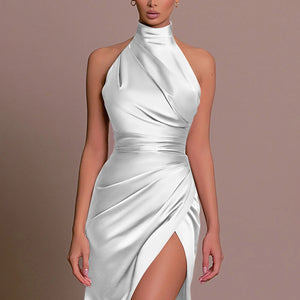 Sophisticated Slit Prom Dress – Pure Color Pleated Evening Gown for Special Occasions