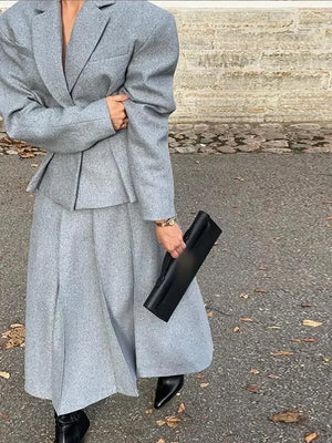 Elegant Loose Long Sleeve Coat + Pleated Long Skirt Wool Set