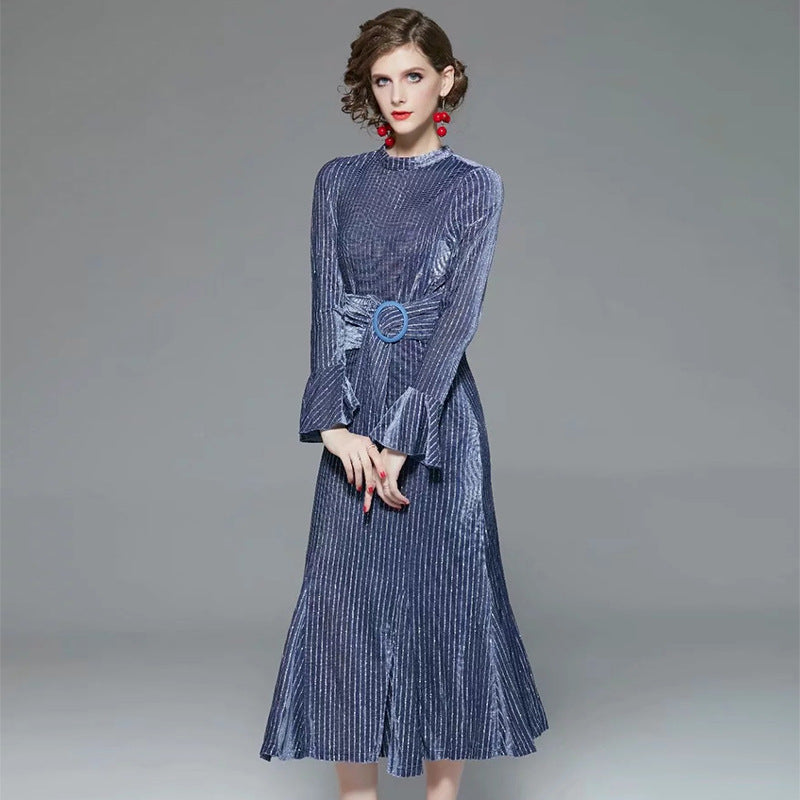 High-end Stripe Velvet Close Fitting Fishtail Dress